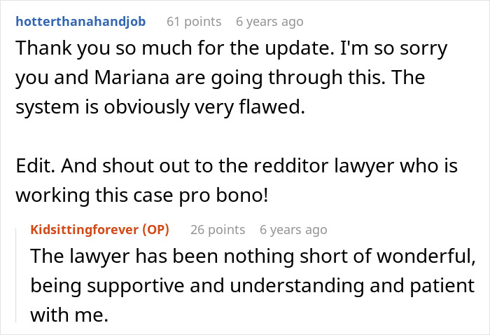 Reddit comments discussing a babysitting situation, expressing empathy and gratitude to a pro bono lawyer.