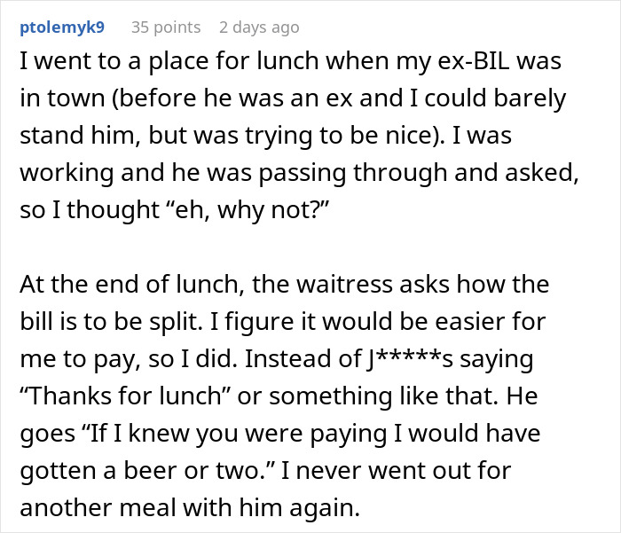 Text recounts a notorious meal split story with an ex-brother-in-law at lunch.