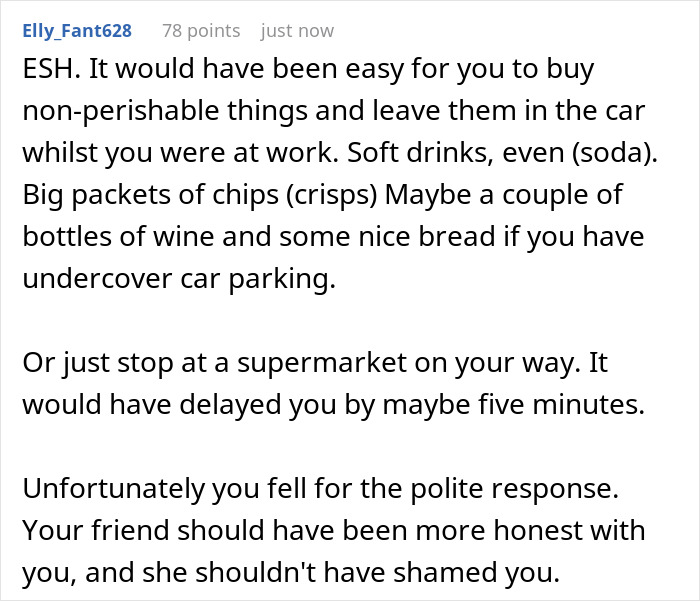 Text response about a friend regretting arriving empty-handed to a potluck after not bringing anything.