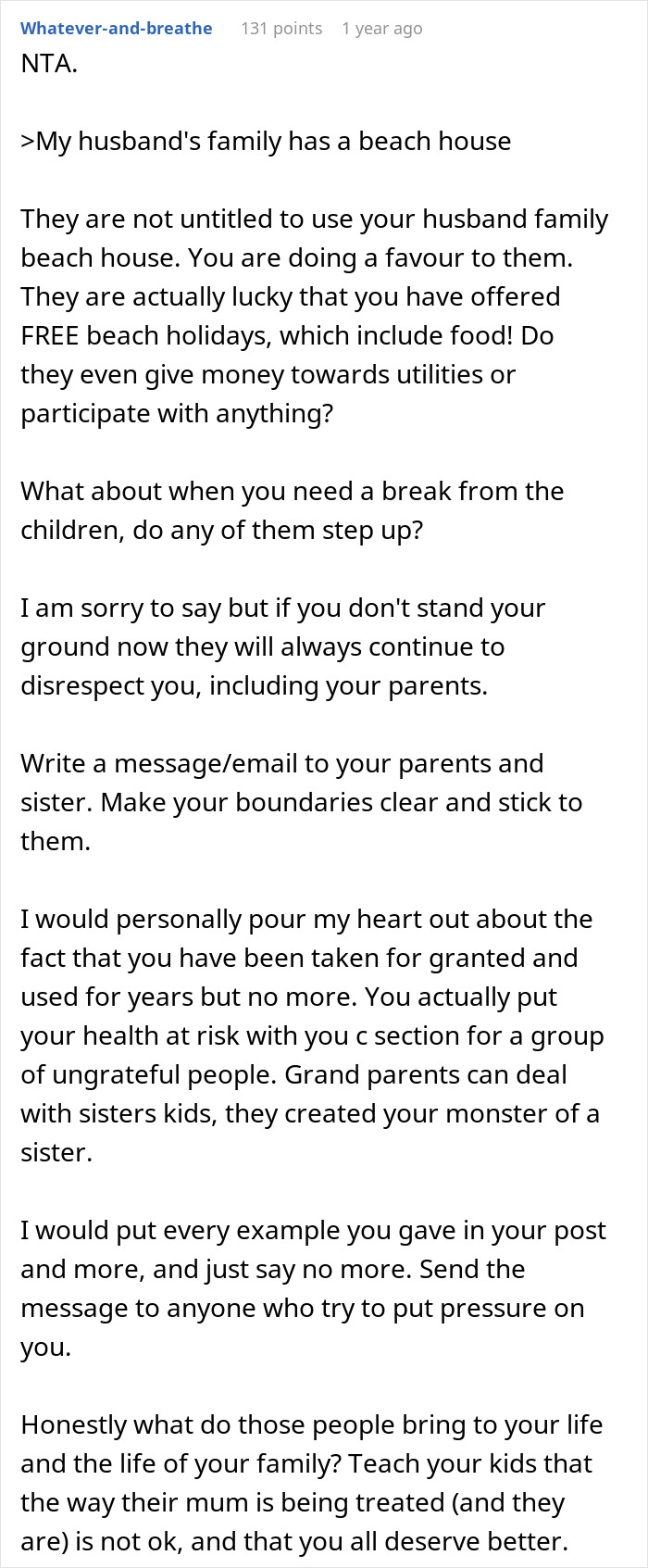 Reddit comment about a woman considering not inviting her entitled sister to an Easter vacation.