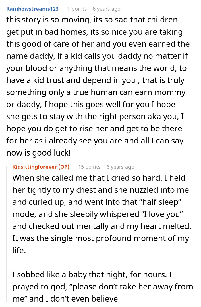 Text exchange about a woman who babysits her friend's daughter and experiences emotional bonding.