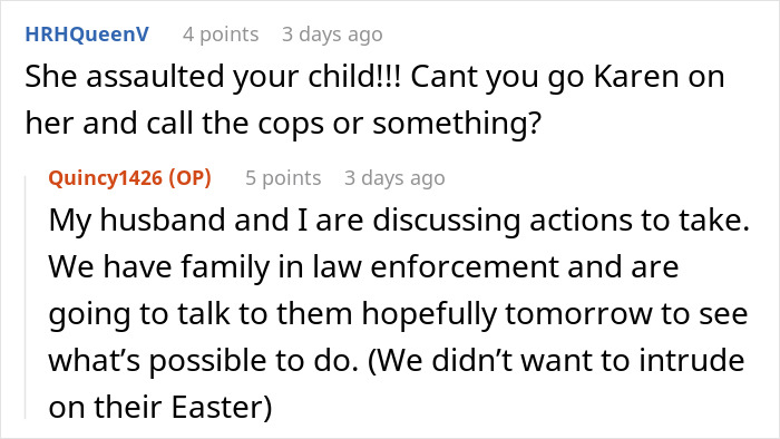 Online discussion about neighbors, granddaughter, and action related to an Easter incident.