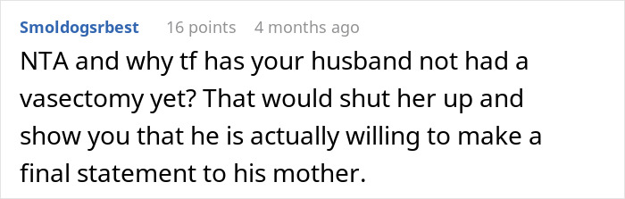Reddit comment discussing vasectomy and making a statement to a mother-in-law.