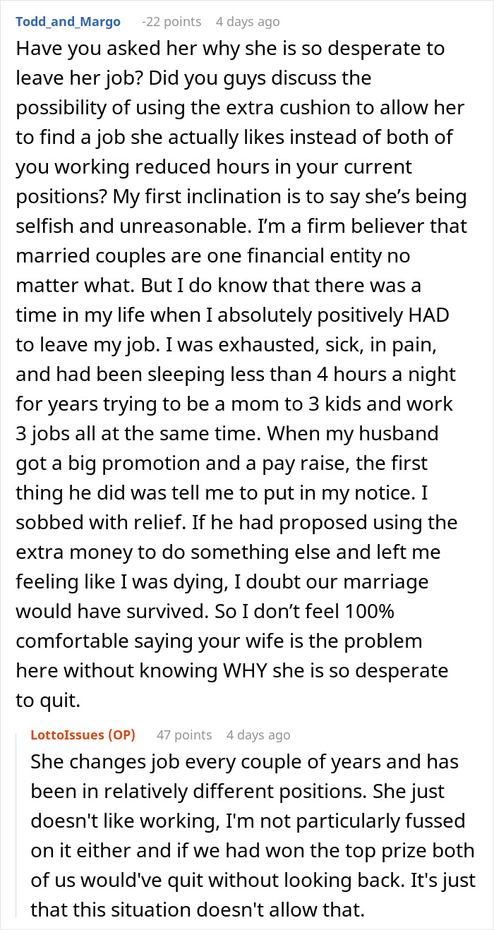 Reddit discussion about sharing lotto winnings and marriage decisions.