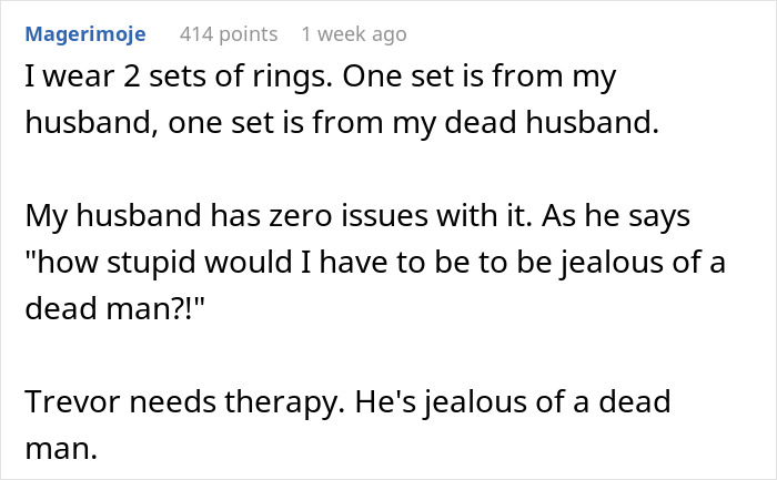 Text discussing a man upset about his future wife's tattoo shared with her late husband.