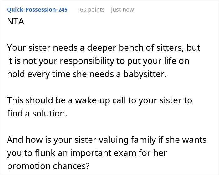 Text-based screenshot showing advice about babysit sister kids work dinner, emphasizing the need for more sitters and setting personal boundaries.