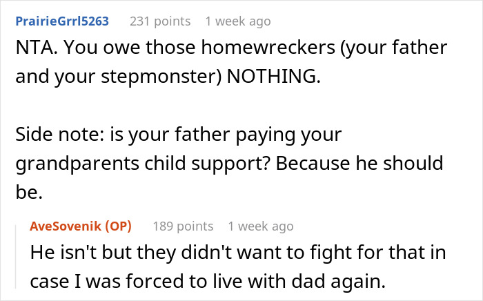 Reddit comments discuss a stepmom's affair and its fallout years later, touching on child support issues.