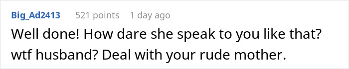 Comment applauding woman for confronting rude mother-in-law's comments about breastfeeding.