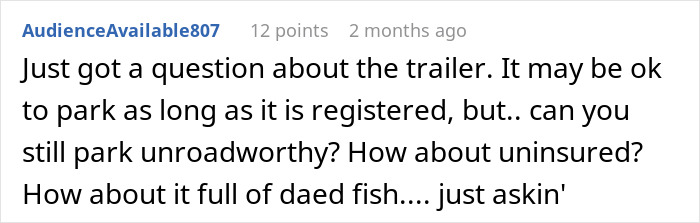 Text from a discussion on trailer regulations and parking issues with neighbor. Text from a discussion on trailer regulations and parking issues with neighbor.