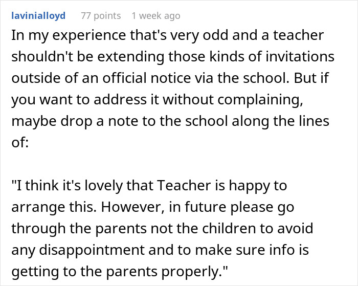 Comment expressing concern about a dance teacher's sleepover invite and suggesting communication through parents, not children.