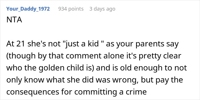 Reddit comment discussing a 21-year-old's responsibility for destroying clothes and facing legal consequences.
