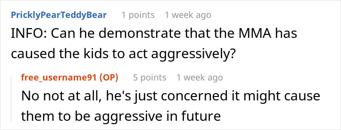 Reddit comment thread discussing concerns about kids' MMA classes being too aggressive.