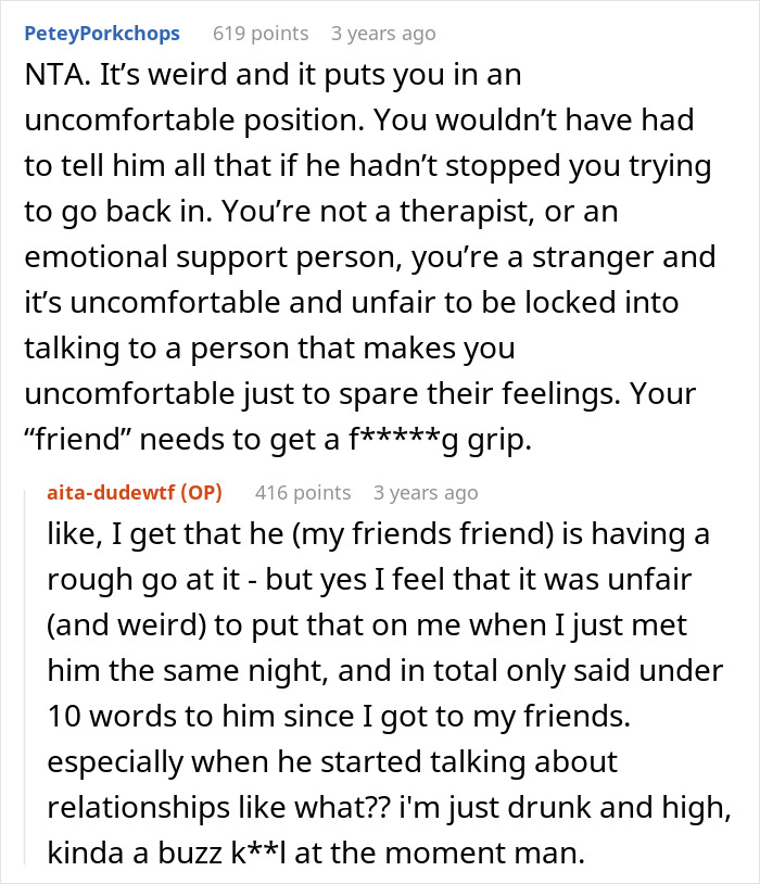 Reddit comment thread where a woman expresses discomfort about being overshared with by a new acquaintance.