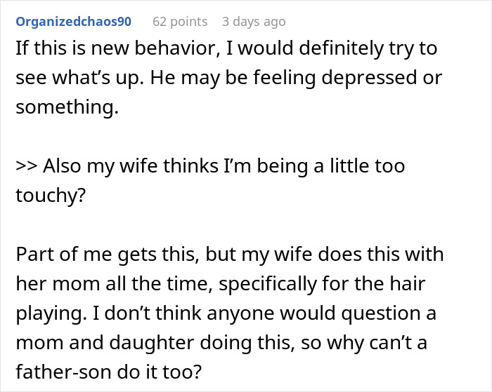Reddit comment discussing teen boy's new behavior of wanting to snuggle with his dad.