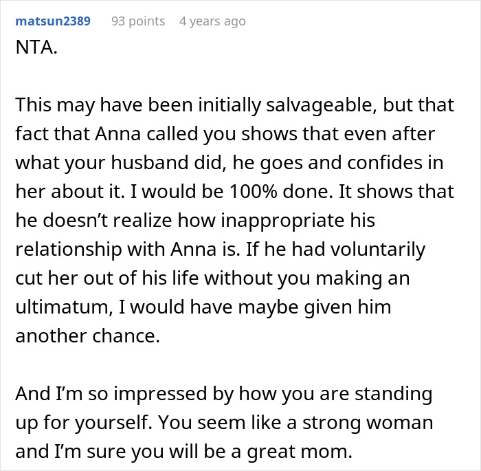 Text discussing a husband's choice of female friend over childbirth, with comments on inappropriateness and support for the wife.