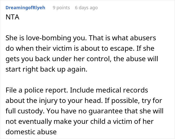 Image showing an online comment discussing domestic abuse, love-bombing, and urging to file a police report.