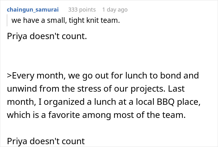 Manager excludes coworker from BBQ due to diet, citing team bonding reasons in online post.