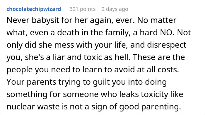 Screenshot of online comment about refusing to babysit toxic aunt's kids amid family drama and disrespect.