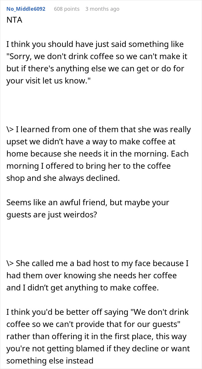 Reddit user shares story about dramatic guest upset over no coffee, offering advice on handling such situations.