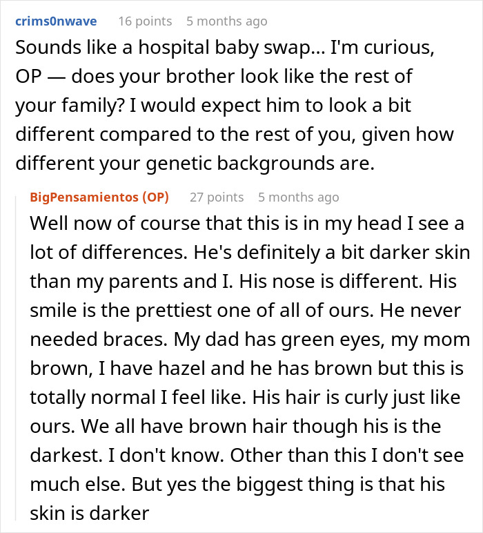 Shocked woman discusses family DNA results and noticeable differences in sibling's appearance.