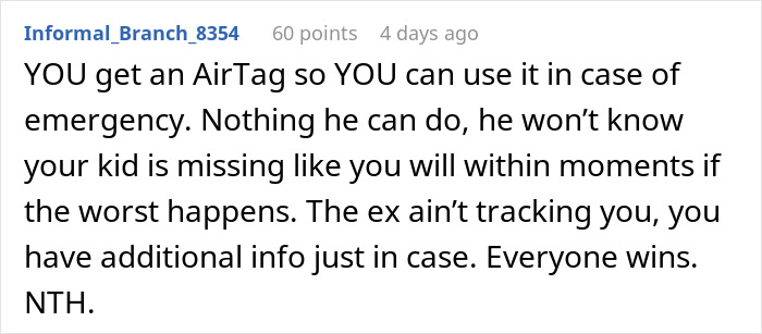 Screenshot of a forum comment explaining using an AirTag in a child's shoe for safety tracking during a trip.