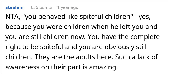 Reddit comment discussing a dad's engagement dinner, mentioning spiteful behavior and awareness.