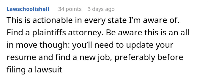 Lawschoolishell comment about bosses canceling doctor appointments, discussing legal actions and job advice.