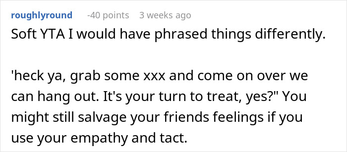 Reddit comment discussing empathy in a grocery cost dispute between friends.