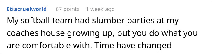 Text forum comment about dance teacher, recalling childhood slumber parties with a coach, reflecting on changing times.