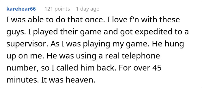 Reddit comment about frustrating spam callers and relentless callback strategy.