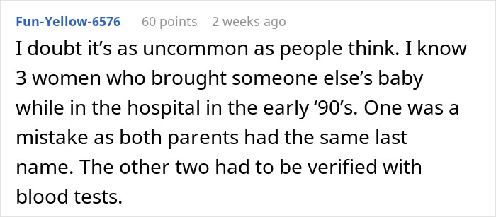Reddit comment about family DNA results and hospital baby mix-ups in the '90s.