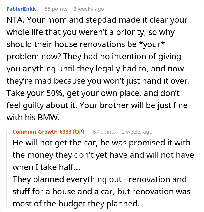 Reddit comments discussing keeping money from parents' apartment share, mentioning house renovations and financial planning.