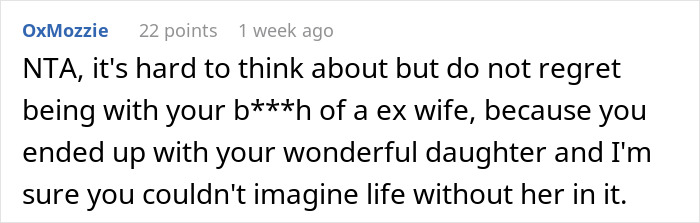Screenshot of an online comment defending a dad who supports his bi daughter amid family conflict and divorce threats. Screenshot of an online comment defending a dad who supports his bi daughter amid family conflict and divorce threats.