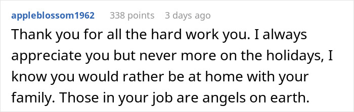 Reddit comment appreciating nurses for their dedication, especially during holidays.