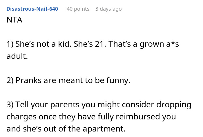 Comment discussing a situation involving sister's arrest after destroying clothes, suggesting parental reimbursement.