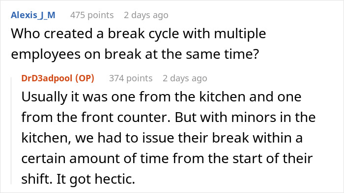 Reddit comments about break policy causing kitchen chaos with overlapping employee breaks.