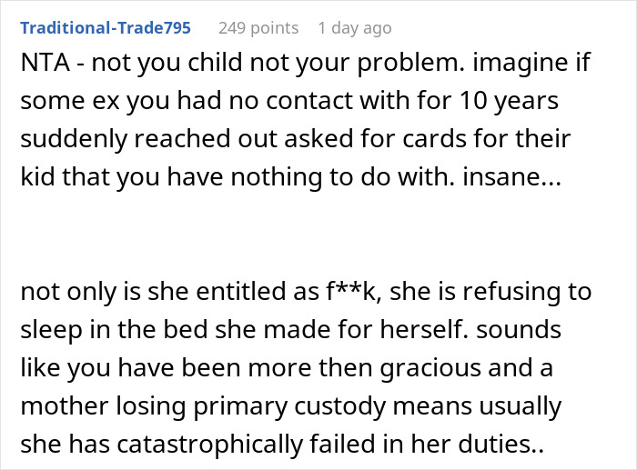 Reddit comment discussing a father's decision not to support a child from his ex's affair. Reddit comment discussing a father's decision not to support a child from his ex's affair.