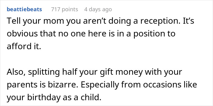 Text commentary on wedding reception gift money deal debate.