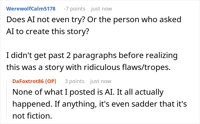 Reddit comments discussing AI involvement in a story about a woman not taking care of her 3 kids.