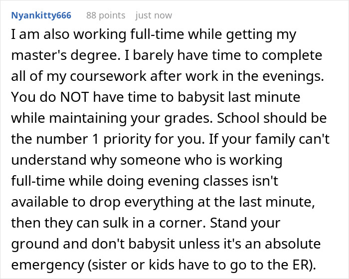 User discussing balancing work and school with babysitting sister&rsquo;s kids during dinner time.