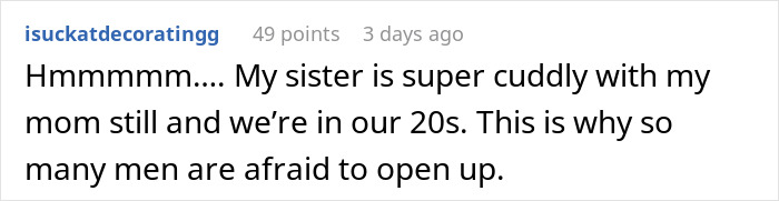 Reddit comment discussing cuddling and emotional openness in young men.