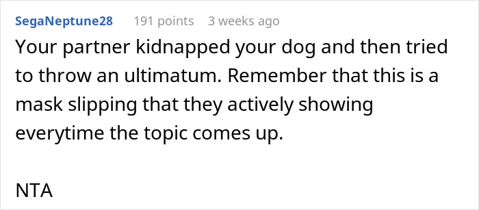 Comment on a relationship ultimatum involving a spouse, partner, and dog.