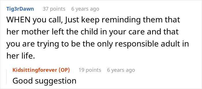 Discussion on babysitting after child's mother disappears, user suggests reminding authorities of responsibility.