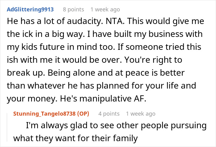 Text conversation about a woman leaving a manipulative boyfriend over heiress issues.