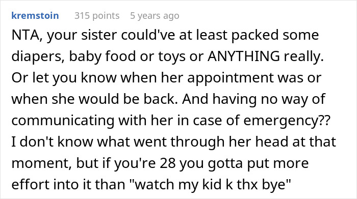 Reddit comment discussing child services decision, criticizing lack of preparation when leaving a child unexpectedly.