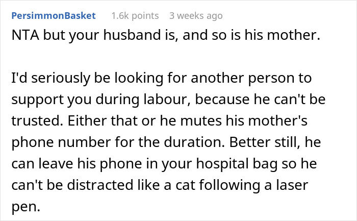 Reddit comment discussing husband and mother-in-law's behavior during pregnancy news decision.