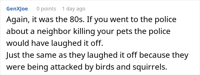 Text comment discussing a neighbor's actions in the 80s related to pets and police response.