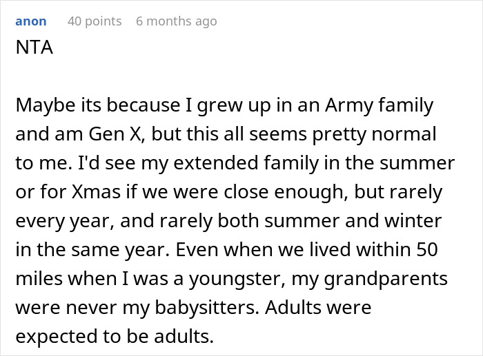 Reddit comment discussing family expectations and distance, related to a woman's expectations from her mom.