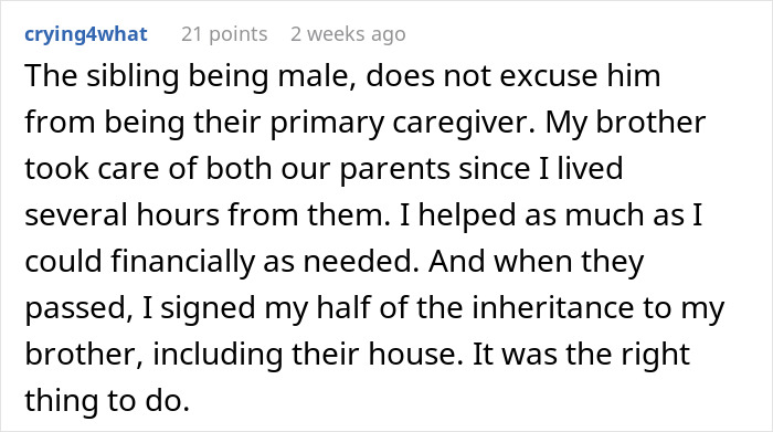 Text image discussing a sibling's perspective on caregiving responsibilities and inheritance decisions.