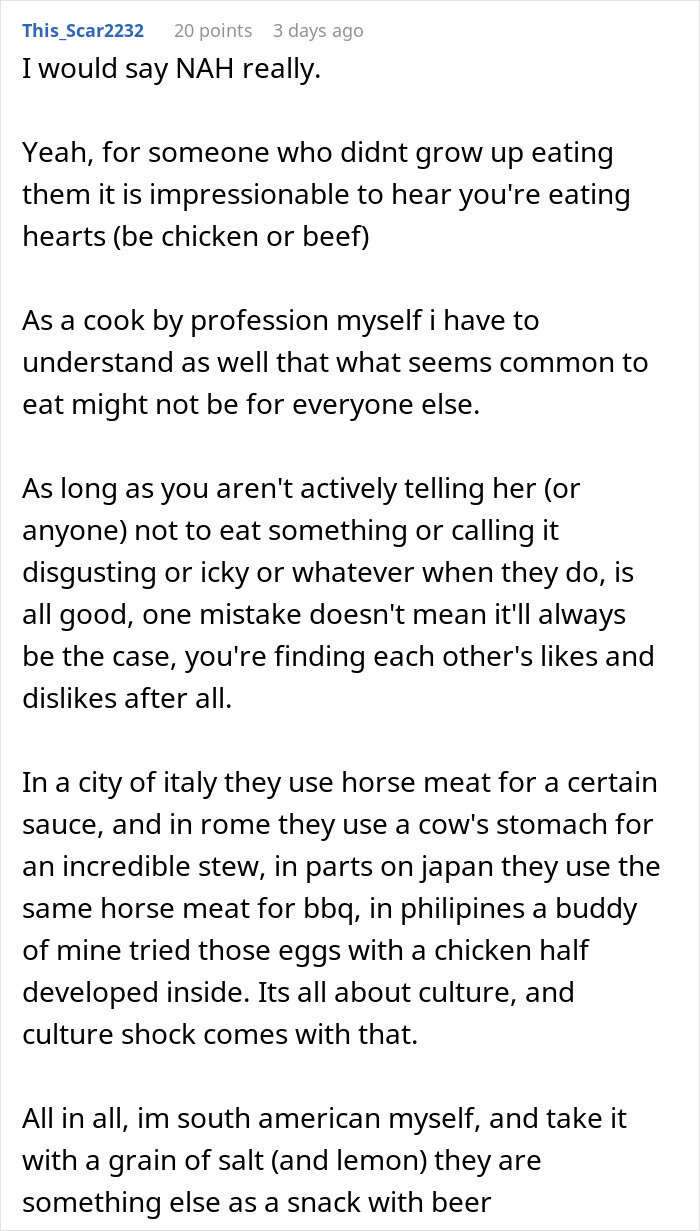 Reddit comment discussing cultural food differences and addressing a man's reaction to his girlfriend&rsquo;s cultural food.